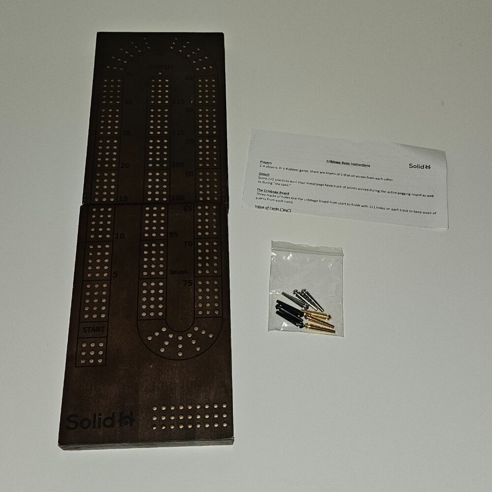 Solid H Wooden Cribbage Board Dark Brown Metal Pegs Foldable Magnetic Closure
